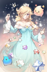  1girl bare_shoulders blonde_hair blue_eyes crown female_focus ge-b hair_over_one_eye highres long_hair luma_(mario) mario_(series) nintendo rosalina solo star_(symbol) super_mario_galaxy super_smash_bros.  rating:Sensitive score:82 user:danbooru