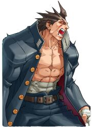  1boy absurdres angry bandaged_hand bandages blood brown_hair cropped_legs edaki_shin&#039;ya full_body gakuran game_cg glowing glowing_eyes highres hunched_over jacket justice_gakuen kazama_daigo male_focus midriff_sarashi moero!_justice_gakuen non-web_source official_art open_clothes open_jacket open_mouth sarashi scar scar_across_eye scar_on_face school_uniform simple_background solo spiked_hair teeth unbuttoned_jacket white_background wild_daigo 