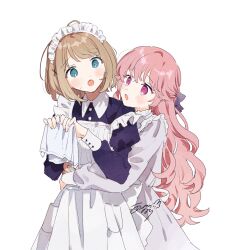  2girls :o ahoge aono_nachi apron aqua_eyes arms_around_waist blue_dress blush bob_cut bow bow_apron brown_hair cleaning_rag collar collared_dress cowboy_shot dot_nose dress eye_contact fluffy_hair frilled_apron frilled_collar frilled_dress frills hair_bow hair_ornament highres holding_rag hug hug_from_behind kagari_mimi kimi_ga_shinu_made_koi_wo_shitai long_hair long_sleeves looking_at_another maid maid_apron maid_headdress multiple_girls open_mouth pink_eyes pink_hair purple_bow raised_eyebrows raised_inner_eyebrows short_hair signature simple_background sketch standing sweatdrop totsuki_shiina very_long_hair wavy_hair white_apron white_background white_dress x_hair_ornament yuri 