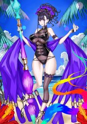  1girl armlet bare_shoulders beach black_gloves black_one-piece_swimsuit black_sandals blue_sky breasts center-flap_bangs cloud covered_navel curvy fanged_bangs fate/grand_order fate_(series) fingerless_gloves flower foot_out_of_frame game_cg gloves groin hair_flower hair_ornament half_gloves halterneck hands_up high_collar highleg highleg_one-piece_swimsuit holding holding_brush honjou_raita horizon jewelry large_breasts layered_one-piece_swimsuit lens_flare looking_at_viewer looking_to_the_side murasaki_shikibu_(fate) murasaki_shikibu_(swimsuit_rider)_(fate) murasaki_shikibu_(swimsuit_rider)_(first_ascension)_(fate) ocean official_art one-piece_swimsuit oversized_object palm_tree parted_lips ponytail purple_eyes purple_hair purple_one-piece_swimsuit purple_shawl sand sandals shawl short_hair_with_long_locks short_ponytail single_detached_legging sky solo striped_clothes striped_one-piece_swimsuit swimsuit tassel third-party_source tree variant_set vertical-striped_clothes vertical-striped_one-piece_swimsuit wide_ponytail 