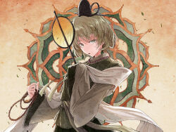  1girl bead_necklace beads black_hat cowboy_shot earrings green_eyes green_hair green_vest hat hisona_(suaritesumi) holding jewelry long_sleeves necklace parted_lips prayer_beads shawl shirt short_hair single_sleeve_past_fingers soga_no_tojiko solo standing tate_eboshi touhou vest white_shawl white_shirt 