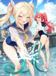 2girls ahoge angry aqua_eyes ass back blonde_hair blue_sky blush breasts broom character_request cleaning cloud cloudy_sky competition_swimsuit day dress embarrassed fang feet gradient_eyes hanging_breasts hato_haru hose large_breasts long_hair looking_back multicolored_eyes multiple_girls one-piece_swimsuit open_mouth oppai_loli orange_eyes ponytail pool pov red_eyes red_hair sailor_dress school_uniform sky small_breasts smile soles sweatdrop swimsuit twintails water wet wet_clothes 