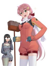  2girls akashi_(kancolle) black_gloves black_hair breasts broom bucket cosplay glasses gloves green_eyes hair_between_eyes hair_ornament hair_ribbon hand_on_own_hip holding holding_broom holding_bucket kantai_collection medium_breasts multiple_girls nono_(top_wo_nerae_2!) nono_(top_wo_nerae_2!)_(cosplay) nyan_nok_cham nyan_nok_cham_(cosplay) ooyodo_(kancolle) opaque_glasses open_mouth pink_hair porupurucha red_ribbon ribbon scarf thighhighs top_wo_nerae!_(series) top_wo_nerae_2! tress_ribbon white_scarf white_thighhighs 