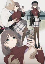  1boy 1girl absurdres age_difference bag belt beret blue_neckwear bored brown_hair cellphone clothes_lift commando_(movie) commentary earrings expressionless french_kiss grabbing_another&#039;s_breast green_eyes groping hat hetero highres jacket jewelry john_matrix kiss leather leather_jacket multitasking necktie old old_man original pantyhose phone saliva shitakirisuzu skirt smartphone smartphone_case sweater sweater_lift tongue tongue_out white_hair 