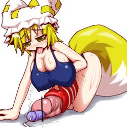  148bpm 1futa animal_ears artificial_vagina bar_censor blonde_hair breasts censored dildo fox_ears fox_tail futanari huge_breasts huge_penis object_insertion penis saliva sex_toy solo tail tongue touhou urethral_insertion yakumo_ran yellow_eyes 