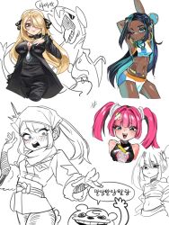  4girls :d akari_(pokemon) alternate_breast_size arm_up belly_chain black_coat black_pants blonde_hair blunt_bangs breasts coat commentary_request coral_(pokemon) cynthia_(pokemon) dark-skinned_female dark_skin earclip earrings garchomp gen_2_pokemon gen_4_pokemon gutan_(gugangtan) hair_bun hair_ornament hair_over_one_eye highres hoop_earrings jewelry korean_commentary korean_text long_hair multiple_girls navel nessa_(pokemon) nintendo open_mouth pants partially_colored pink_hair pokemon pokemon_(anime) pokemon_(creature) pokemon_dppt pokemon_horizons pokemon_legends:_arceus pokemon_swsh sidelocks smile speech_bubble teddiursa teeth tongue twintails upper_teeth_only white_background 