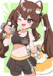  1girl ;3 absurdres aki_orange animal_hair_ornament black_shorts black_skirt black_sports_bra bone_hair_ornament border bow bra breasts bright_pupils brown_eyes brown_hair cleavage collarbone commission cowboy_shot cross-laced_clothes cross-laced_skirt determined dog_girl dog_hair_ornament dual_wielding dumbbell exercising fang flower-shaped_pupils green_background hair_ornament hand_up highres holding holding_dumbbell indie_virtual_youtuber long_hair looking_ahead midriff navel one_eye_closed open_mouth orange_sweatband orange_trim outline outside_border paw_print petite pom_pom_(clothes) print_bra second-party_source shiba_inu shorts shorts_under_skirt sidelocks skirt small_breasts solo sports_bra standing sweatband symbol-shaped_pupils twintails underwear v-shaped_eyebrows very_long_hair white_border white_bow white_outline white_pupils wrist_bow yellow_tail yunoru 