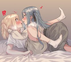  !? 2girls absurdres after_kiss bang_dream! bang_dream!_it&#039;s_mygo!!!!! blonde_hair blush commentary_request cowboy_shot extreme_yuri_buta grey_skirt hand_in_another&#039;s_hair heart highres long_hair long_sleeves medium_hair misumi_uika monochrome multiple_girls no_shoes purple_eyes saliva saliva_trail shirt short_sleeves sidelocks skirt socks togawa_sakiko two_side_up white_shirt white_socks yellow_eyes yuri 
