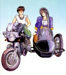  1boy 1girl aa_megami-sama belldandy black_hair bracelet brown_eyes brown_hair couple fujishima_kousuke highres jewelry long_hair looking_at_another morisato_keiichi motor_vehicle motorcycle official_art painting_(medium) retro_artstyle shoes short_hair shorts sidecar sleeves_rolled_up smile sneakers traditional_media watercolor_(medium) 