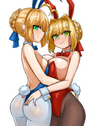  2girls absurdres ahoge animal_ears blonde_hair breast_press breasts brown_pantyhose cleavage closed_mouth commentary english_commentary fake_animal_ears fate/extra fate/grand_order fate_(series) green_eyes hair_bun hand_on_another&#039;s_ass highres large_breasts leotard look-alike multiple_girls pantyhose playboy_bunny rabbit_ears short_hair simple_background single_hair_bun small_breasts smile steamingtofu white_background white_pantyhose 