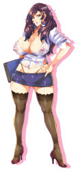  1girl black_eyes black_hair black_thighhighs blue_skirt book breasts brown_eyes brown_hair cleavage covered_erect_nipples female_focus full_body g-string hand_on_own_hip high_heels highres huge_breasts image_sample jewelry lace lace-trimmed_legwear lace_trim legs lips long_hair long_image looking_at_viewer microskirt midriff mole mole_under_eye momofuki_rio muchigaku nipples no_bra original panties pencil_skirt pixiv_sample purple_eyes red_shoes ring see-through_clothes shoes simple_background skirt solo standing tall_image teacher thighhighs thighs thong underwear very_long_hair wedding_band wedding_ring whale_tail_(clothing) white_background yanagida_shiho  rating:Questionable score:202 user:goldoa
