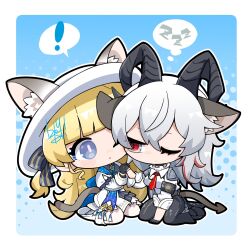  ! 2girls animal_ear_fluff animal_ears armband bags_under_eyes black_armband black_collar black_gloves black_horns black_pants black_tail blonde_hair blue_eyes blue_sash boots border breasts cat_ears chibi collar commentary_request curled_horns demon_tail dog-san gloves grey_hair hand_grab hat highres horns kemonomimi_mode large_breasts long_hair long_sleeves looking_at_another mole mole_under_eye multicolored_hair multiple_girls necktie one_eye_closed pants pantyhose phoebe_(wuthering_waves) red_eyes red_necktie sash shirt skirt spoken_exclamation_mark spoken_zzz streaked_hair tacet_mark_(wuthering_waves) tail white_boots white_border white_hat white_pantyhose white_shirt white_skirt wuthering_waves zani_(wuthering_waves) zzz 