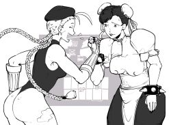 2girls ass bracelet braid braided_ponytail breasts cammy_white capcom chun-li dress gloves hat immisterplow jewelry loincloth multiple_girls nervous_sweating pantyhose scar spiked_bracelet spikes street_fighter sweat