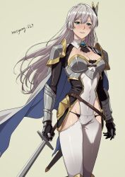  1girl allucia_citrus armor black_panties blue_eyes breasts cape detached_collar elbow_gauntlets gauntlets highres hip_dips holding holding_sword holding_weapon katainaka_no_ossan_kensei_ni_naru leotard looking_at_viewer medium_breasts panties ryu_(masu_nantoka-san) shoulder_armor simple_background standing sword underwear weapon white_cape white_hair white_leotard 