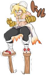  1girl abs balancing bead_necklace beads black_pants blonde_hair bun_cover chest_sarashi clenched_teeth clothes_around_waist commentary_request double_bun flat_chest foot_wraps full_body gauntlets geta hair_bun highres jewelry necklace pants purple_eyes ragnarok_iris ragnarok_online raised_eyebrow sarashi shirt shirt_around_waist short_hair simple_background solo standing sura_(ragnarok_online) teeth tengu-geta toned toned_female translation_request trembling white_background white_shirt 
