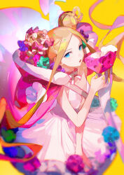  1girl abigail_williams_(fate) abigail_williams_(santa)_(fate) absurdres bare_shoulders blue_eyes breasts double_bun dress fate/grand_order fate_(series) forehead fui_(fui29493452) giant_fork hair_bun highres long_hair looking_at_viewer open_mouth short_hair small_breasts solo stuffed_animal stuffed_toy teddy_bear tiara 