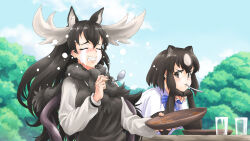  2girls animal_ears bear_ears bent_spoon black_hair blush bow bowtie brown_bear_(kemono_friends) chair clenched_teeth closed_eyes closed_mouth crying cup day drinking_glass elbow_gloves elbow_rest extra_ears fang fingerless_gloves fur_scarf furrowed_brow gloves grey_hair hands_on_own_chin head_rest highres holding holding_plate holding_spoon kemono_friends kemono_friends_2 kemono_friends_r leaning_forward long_hair long_sleeves medium_hair moose_(kemono_friends) moose_ears mouth_hold multicolored_hair multiple_girls naka_(nicovideo14185763) nose_blush on_chair outdoors plate raised_inner_eyebrows scarf shirt short_sleeves sitting spoon streaming_tears sweater table tears teeth two-tone_hair upper_body utensil_in_mouth very_long_hair 