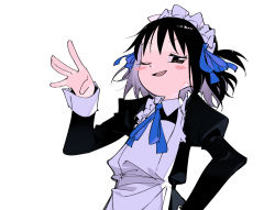  1girl apron arashiyama_hotori backlighting black_hair blue_ribbon blush_stickers brown_eyes female_focus floating_hair frilled_apron frilled_hairband frills from_below hair_ribbon hairband half-closed_eye hand_on_own_hip hand_up juliet_sleeves kokaki_mumose long_sleeves looking_at_viewer looking_down maid maid_apron maid_headdress neck_ribbon negative_space one_eye_closed open_mouth puffy_sleeves ribbon short_hair simple_background sleeve_cuffs smile smirk smug solo soredemo_machi_wa_mawatteiru white_apron white_background white_hairband wing_collar  rating:Sensitive score:14 user:danbooru