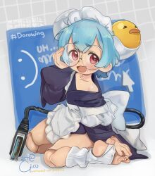  1girl adjusting_eyewear apron bird blue_hair blush cable cable_tail doll_joints duck eyebrows_hidden_by_hair flat_chest girutea hand_on_own_foot joints large_ribbon looking_at_viewer maid maid_apron mechanical_tail mole mole_under_mouth open_mouth original round_eyewear short_eyebrows signature sitting smile socks soles solo sweat tail toeless_socks toes usb waist_apron waist_ribbon wariza white_apron 