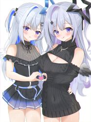  amane_kanata amane_kanata_(work) amane_konata angel angel_wings aran_sweater black_hair black_ribbon black_sweater blue_hair blush breasts cable_knit cleavage closed_mouth colored_inner_hair diamond_hair_ornament hair_ornament hair_ribbon hairpin halo heart heart_hands highres hololive large_breasts looking_at_viewer meme_attire multicolored_hair nironiro_(qlcfud) official_alternate_costume pink_hair purple_eyes ribbon siblings sisters small_breasts smile star_halo streaked_hair sweater tongue tongue_out turtleneck turtleneck_sweater twins twintails two_side_up virgin_killer_sweater virtual_youtuber wings 