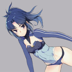  1girl alice_gear_aegis blue_hair branch_(blackrabbits) breasts covered_erect_nipples cowboy_shot dutch_angle grey_background highleg highleg_leotard leotard long_hair micro_shorts parted_lips ponytail purple_eyes shorts simple_background small_breasts solo takanashi_rei 