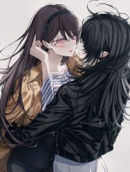  2girls bang_dream! bang_dream!_it&#039;s_mygo!!!!! black_hair black_hairband black_jacket blackfangs blue_pants blush brown_jacket closed_mouth commentary couple earrings grey_background hairband highres hug jacket jewelry long_hair multiple_girls pants purple_eyes shiina_taki simple_background white_pants yahata_umiri yuri 