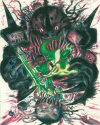  amano_yoshitaka bracer cape commentary english_commentary gecko gex gex_(series) highres holding holding_sword holding_weapon monster official_art promotional_art reptile_boy sharp_teeth sunglasses sword tail teeth television weapon 
