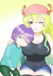  1boy 1girl absurdres age_difference baseball_cap blue_shirt blush breasts child closed_eyes green_eyes green_pants hat highres horns kobayashi-san_chi_no_maidragon large_breasts long_hair lucoa_(maidragon) magatsuchi_shouta multicolored_hair pants purple_hair shirt shorts sleeping smile thighhighs  rating:Sensitive score:13 user:Flamingo123