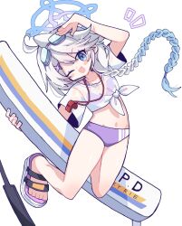  1girl ahoge bare_legs barefoot bikini bikini_under_clothes blue_archive blue_eyes blue_hair braid furiba_794 goggles goggles_on_head gradient_hair hair_over_shoulder halo highres holding kirino_(blue_archive) kirino_(swimsuit)_(blue_archive) long_hair looking_at_viewer multicolored_hair navel one_eye_closed open_mouth purple_bikini purple_halo sandals shirt short_sleeves simple_background single_braid smile sports_sandals swimsuit tied_shirt very_long_hair wet wet_clothes wet_shirt whistle whistle_around_neck white_background white_hair white_shirt 