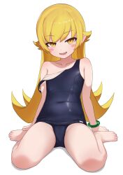  1girl :d absurdres blonde_hair blue_one-piece_swimsuit blush_stickers collarbone commentary covered_navel fangs full_body highres long_hair looking_at_viewer mikoscrub monogatari_(series) one-piece_swimsuit open_mouth oshino_shinobu pointy_ears school_swimsuit simple_background sitting smile solo strap_slip swimsuit thighs wariza white_background yellow_eyes 
