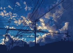  bird_on_power_lines blue_theme cloud cloudy_sky from_below glowing hisachan55cute no_humans original pixel_art power_lines scenery silhouette sky sunrise town utility_pole 