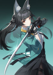  1girl absurdres animal_ear_fluff animal_ears aqua_jacket black_hair black_necktie black_skirt blunt_bangs cowboy_shot fingerless_gloves fox_ears fox_girl gloves high-waist_skirt highres holding holding_sword holding_weapon hoshimi_miyabi jacket katana long_hair looking_at_viewer necktie red_eyes sing_shuixing single_fingerless_glove skirt sword weapon zenless_zone_zero 