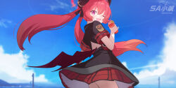  1girl absurdres back_cutout black_ribbon black_shirt black_skirt blue_archive blush clothing_cutout demon_girl demon_horns demon_wings fang hair_between_eyes hair_ribbon hayate_(1034853996) highres horns junko_(blue_archive) long_hair looking_at_viewer one_eye_closed open_mouth purple_eyes red_hair ribbon shirt short_sleeves sidelocks skin_fang skirt solo twintails wings 