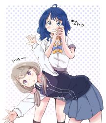  2girls ahoge black_sweater_vest blue_eyes blue_hair brown_eyes chikuwa collared_shirt commentary_request crossover dress_shirt food grey_hair grey_skirt grin hair_over_shoulder highres leaning_to_the_side looking_at_viewer low_twintails make_heroine_ga_oo_sugiru! maruyo mono_(afro) multiple_girls polka_dot polka_dot_background shikishima_sakurako shirt skirt smile summer_uniform sweater_vest toono_hikaru twintails voice_actor_connection white_shirt yanami_anna 