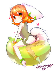  1girl :&lt; animal_ears ass ball barefoot blush born-to-die bracelet dog_ears dog_tail eyebrows_hidden_by_hair eyelashes freedom_planet furry galaxytrail green_eyes heart heart-shaped_pupils hood hoodie jewelry leotard loli long_ears looking_at_viewer looking_back milla_basset orange_hair short_hair signature sitting symbol-shaped_pupils tail thighs white_background 