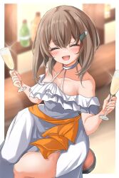  1girl alternate_costume bar_(place) bare_shoulders brown_hair champagne_flute closed_eyes collarbone commentary_request cup dress drinking_glass facing_viewer feet_out_of_frame hair_ornament hairclip highres indoors kantai_collection kasashi_(kasasi008) orange_sash short_hair_with_long_locks smile solo stool taihou_(kancolle) white_dress 