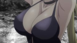 10s 1girl animated animated_gif armpits arms_up blonde_hair bouncing_breasts breasts choker cleavage female_focus head_out_of_frame large_breasts lieselotte_sherlock long_hair no_bra revealing_clothes shiny_skin solo trinity_seven undressing upper_body view_between_breasts rating:Questionable score:205 user:lkuroi
