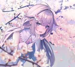  1girl absurdres alternate_costume alternate_hairstyle cherry_blossoms chest_jewel dress flower gem grey_hair hair_flower hair_ornament highres hololive hololive_english jewel_under_eye koseki_bijou long_hair looking_at_viewer low_twintails open_mouth outdoors petals purple_eyes purple_gemstone ricke_2002 solo twintails virtual_youtuber white_dress 