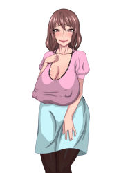  1girl black_thighhighs breasts brown_eyes brown_hair cleavage collarbone covered_erect_nipples female_focus huge_breasts jewelry lingerie lips long_hair mature_female naito_(artist) original ring sagging_breasts shirt simple_background skirt smile solo standing thighhighs underwear wedding_ring white_background 