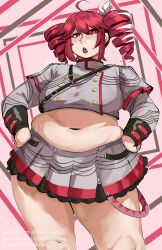  1girl 2025 abstract_background ahoge artist_name black_trim breasts buttons commentary cowboy_shot cropped_shirt drill_hair english_commentary fat fat_woman feather_hair_ornament female_focus grey_shirt grey_skirt hair_between_eyes hair_ornament hands_on_own_hips highres kasane_teto large_breasts layered_sleeves long_hair long_sleeves looking_at_viewer midriff navel open_mouth pink_background puzzled_artist_(name) red_eyes red_hair red_lips red_trim shirt short_over_long_sleeves short_sleeves simple_background skirt solo standing teeth thick_thighs thighs twin_drills upper_teeth_only vocaloid 