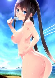 1girl amasora_taichi ass black_hair blue_eyes blue_sky blush body_blush breasts cloud day eating female_focus food hand_on_own_hip long_hair looking_back medium_breasts nipples nude open_mouth original outdoors popsicle sky solo sweat twintails water wet rating:Questionable score:95 user:BlueBaroness