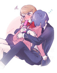  1boy 1girl absurdres averting_eyes belt black_jacket black_pants black_skirt blue_hair blush bow bowtie brown_eyes brown_hair cardigan cellphone closed_mouth collared_shirt couple embarrassed feet_out_of_frame flip_phone flipped_hair gekkoukan_high_school_uniform head_on_another&#039;s_shoulder highres holding holding_phone hug hug_from_behind jacket long_sleeves miniskirt neck_ribbon open_clothes open_jacket pants persona persona_3 phone pink_cardigan pleated_skirt po_su_su red_bow red_bowtie ribbed_cardigan ribbon school_uniform shirt short_hair simple_background sitting sitting_between_lap sitting_on_lap sitting_on_person skirt sleeping squiggle sweatdrop takeba_yukari twitter_username white_background white_shirt yuuki_makoto_(persona_3) zzz 