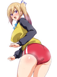 10s 1girl ass blonde_hair blush breasts buruma covered_erect_nipples female_focus hair_ribbon highres kawakami_mai large_breasts long_hair looking_at_viewer mole mole_under_eye monpuchi musaigen_no_phantom_world open_mouth purple_eyes ribbon school_uniform side_ponytail simple_background solo sweat sweater_vest teeth white_background rating:Sensitive score:54 user:danbooru