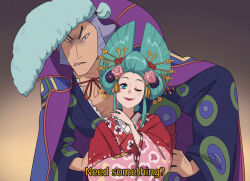  1boy 1girl aqua_eyes aqua_hair collared_coat cristina_massanell denjirou_(one_piece) english_text eyelashes flower hair_flower hair_ornament hand_fan hands_on_own_hips holding holding_fan japanese_clothes kimono kouzuki_hiyori looking_at_viewer nihongami oiran one_eye_closed one_piece pompadour red_kimono red_lips red_sash sash sidelocks upper_body wide_sleeves 
