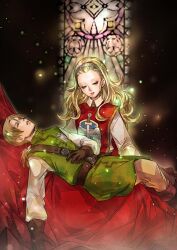  1boy 1girl absurdres anlucea belt black_background blonde_hair boots brother_and_sister brown_boots brown_gloves commentary_request curly_hair dragon_quest dragon_quest_x fine_art_parody gloves green_eyes green_tunic hair_pulled_back hairband highres kabu_kabu light_particles looking_at_another looking_down low_ponytail lying lying_on_person metal_hairband on_back parody parted_bangs parted_lips pieta ponytail red_tabard shirt shirt_under_shirt siblings silver_hairband stained_glass tabard touma_(dq10) tunic unconscious white_shirt 