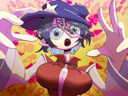  1girl black_hair black_ribbon breasts commentary_request danmaku hat hat_ornament highres jiangshi large_breasts looking_at_viewer miyako_yoshika nag.n neck_ribbon newsboy_cap ofuda open_mouth outstretched_arms purple_eyes purple_hat ribbon shirt sleeveless sleeveless_shirt solo star_(symbol) star_hat_ornament teeth touhou upper_body upper_teeth_only yellow_background zombie_pose 
