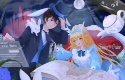  1boy 1girl alice&#039;s_adventures_in_wonderland black_eyes black_hair blonde_hair butler doumeguri_kakeru dragon_girl duplicate ecstas_online fantasy horns long_hair meru_(ecstas_online) source_mismatch yellow_eyes 