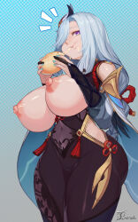 1girl absurdres blue_hair bodysuit breasts breasts_out eating food genshin_impact highres huge_breasts large_breasts long_hair nail_polish shenhe_(genshin_impact) thick_thighs thighs ti_tentacle topless_female rating:Explicit score:55 user:CovArd