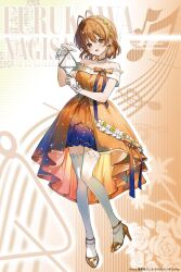  1girl antenna_hair artist_request bead_necklace beads brown_dress brown_eyes brown_hair character_name clannad dress earrings full_body furukawa_nagisa gloves gold_shoes high_heels highres instrument jewelry necklace nekoyashiki_pushio official_alternate_costume open_mouth shoes short_hair smile solo strapless strapless_dress thighhighs triangle_(instrument) white_gloves white_thighhighs 