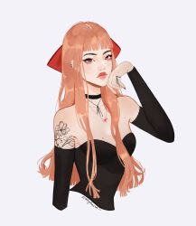  1girl aegyo_sal arm_tattoo back_bow black_bustier blossom_(ppg) blunt_bangs bow bustier choker closed_mouth detached_sleeves ear_piercing eyeliner freckles highres jewelry long_hair looking_at_viewer makeup multiple_moles necklace orange_hair piercing pink_eyes powerpuff_girls red_nails redesign ring simple_background solo strapless tattoo thick_eyebrows thick_lips twitter_username upper_body white_background zeebythesea 